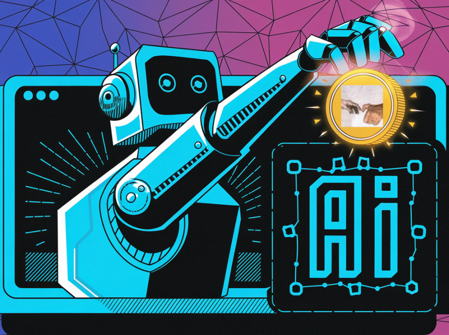 Block illustration of a robotic arm holding a GOAT meme coin, symbolizing AI's influence in the crypto world.