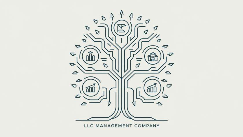 A stylized tree diagram in vector line art representing an LLC management company consolidating resources from multiple business entities.