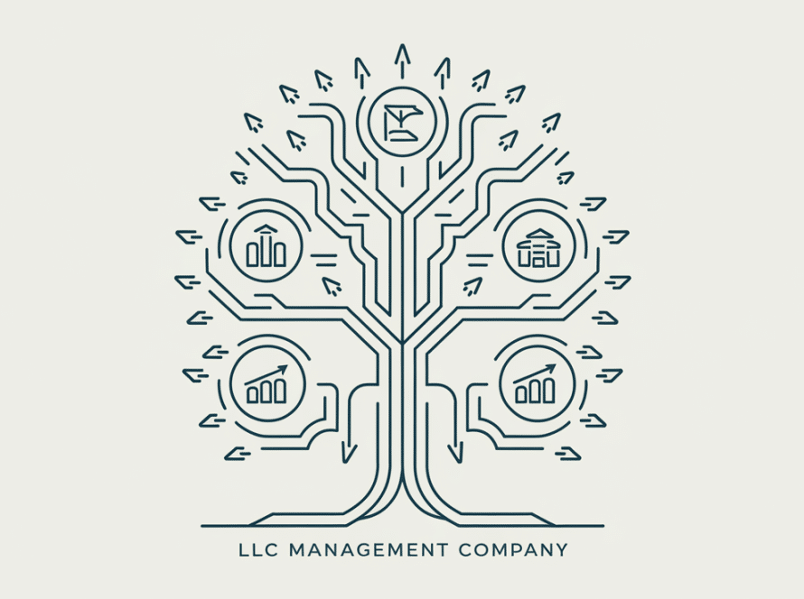 A stylized tree diagram in vector line art representing an LLC management company consolidating resources from multiple business entities.
