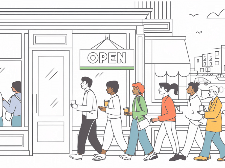Vector line art of a busy coffee shop with customers entering.