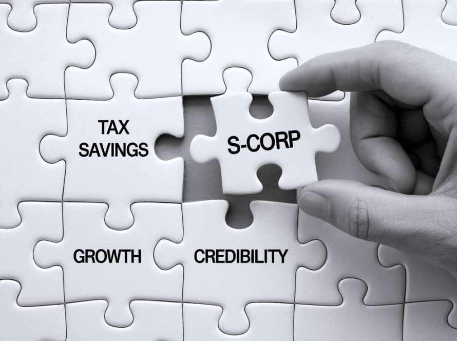 Line art puzzle with an S-Corp piece fitting into slots for tax savings, growth, and credibility