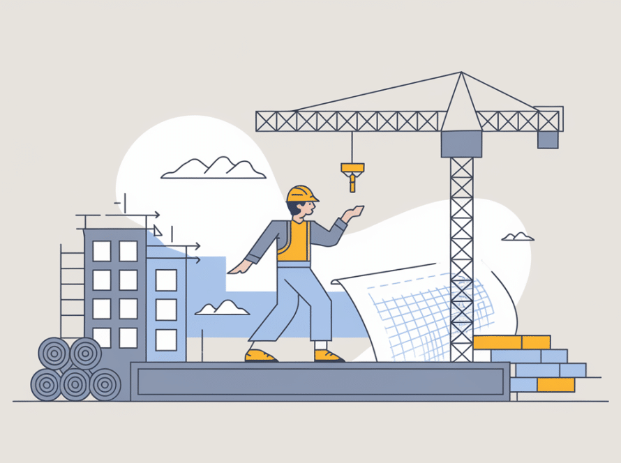 Line art of a construction worker balancing on a beam, symbolizing WIP