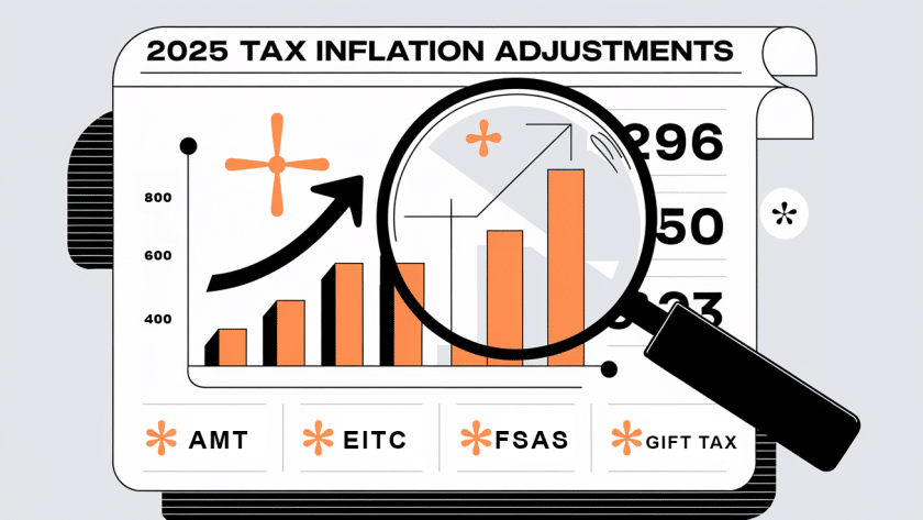 A graphic of a magnifying glass inspecting a document titled "2025 Tax Inflation Adjustments."