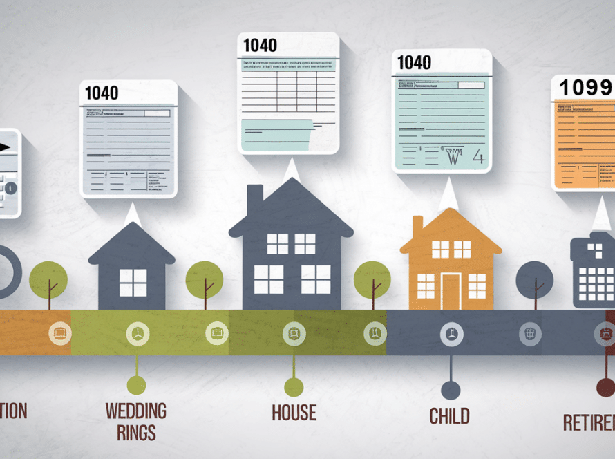 A stylized timeline of life with tax forms emerging from key milestones.