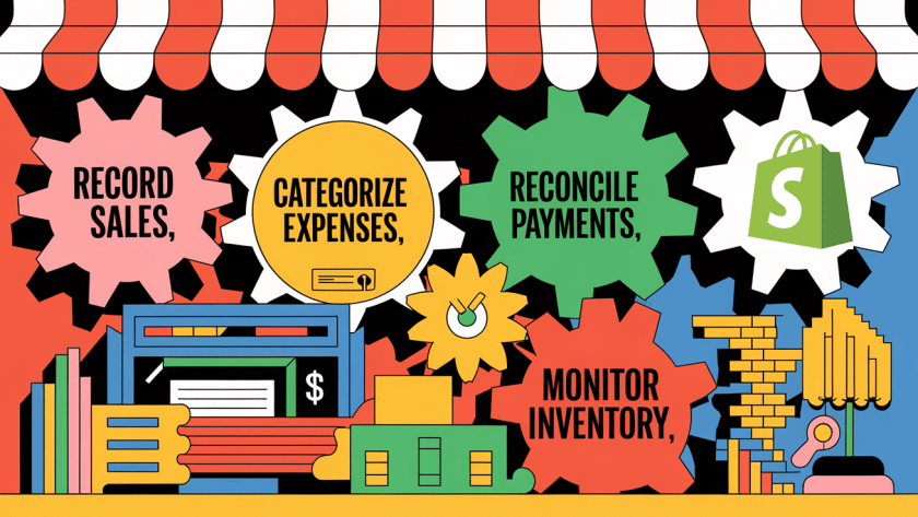 A stylized image depicting a Shopify store as a machine with interconnected gears, representing various bookkeeping tasks.