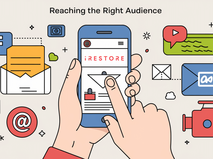 Line art of a person with a smartphone surrounded by marketing icons and 'Reaching the Right Audience' text