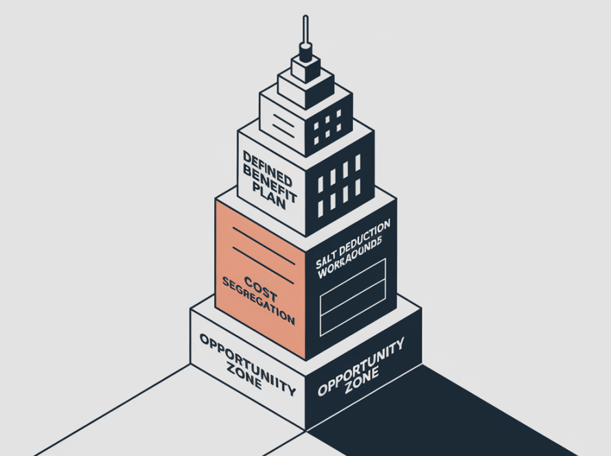 A stylized skyscraper built with blocks representing different tax strategies.