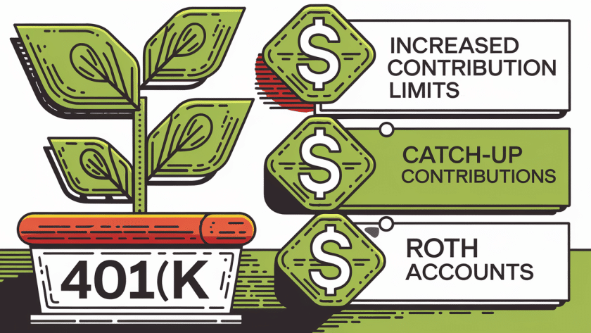 Block illustration of a plant growing in a 401(k) pot, symbolizing retirement savings growth.