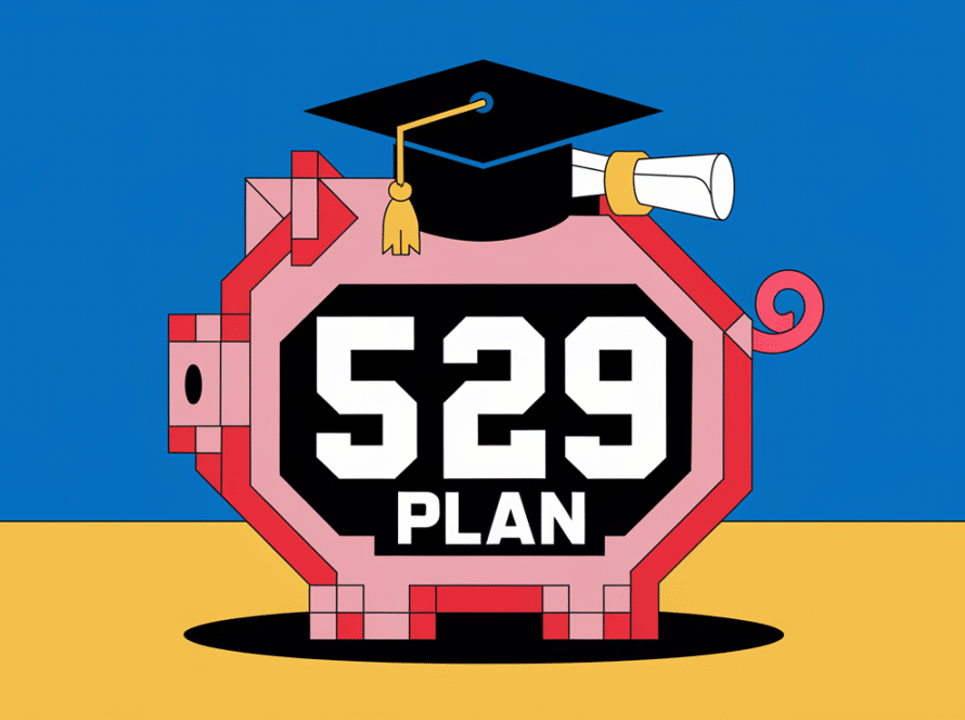 Block illustration of a piggy bank with a graduation cap, diploma, and "529 Plan" label, representing saving for education.