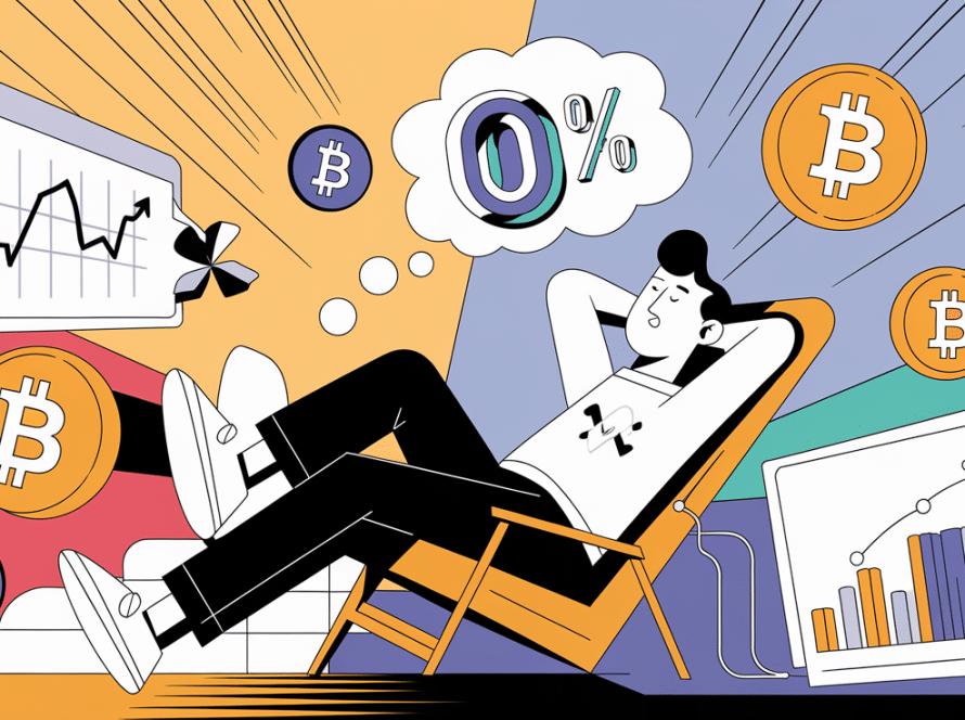 An advertising illustration of a relaxed individual surrounded by cryptocurrency symbols and graphs, with a thought bubble showing a "0%" tax rate, symbolizing tax optimization strategies.