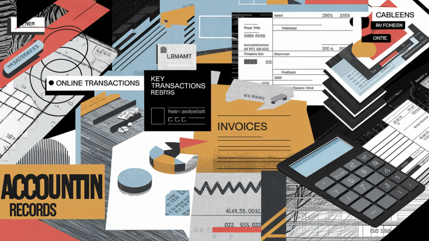 Collage illustration representing the complexities of accounting in the digital age.