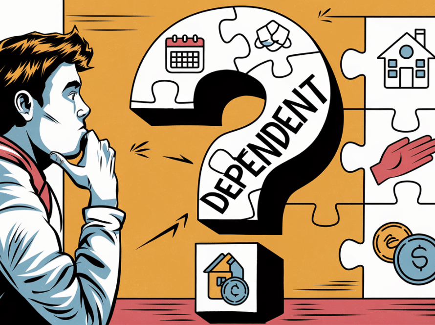 A block illustration of a young adult looking at a question mark made of puzzle pieces, each representing a factor determining dependency. The word "Dependent" is prominent within the question mark.