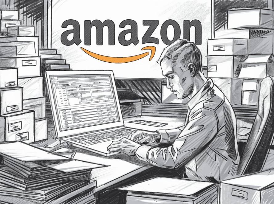 A pencil illustration of an Amazon seller diligently working on bookkeeping tasks.
