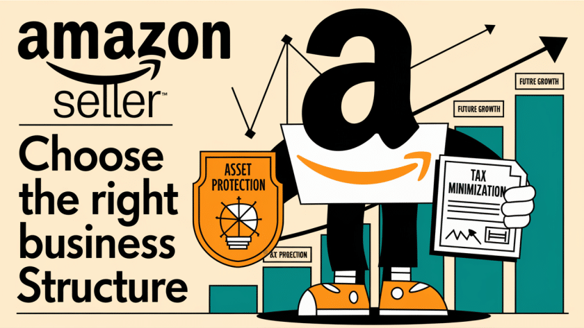 A vintage-style advertising illustration promoting the importance of choosing the right business structure for Amazon sellers.