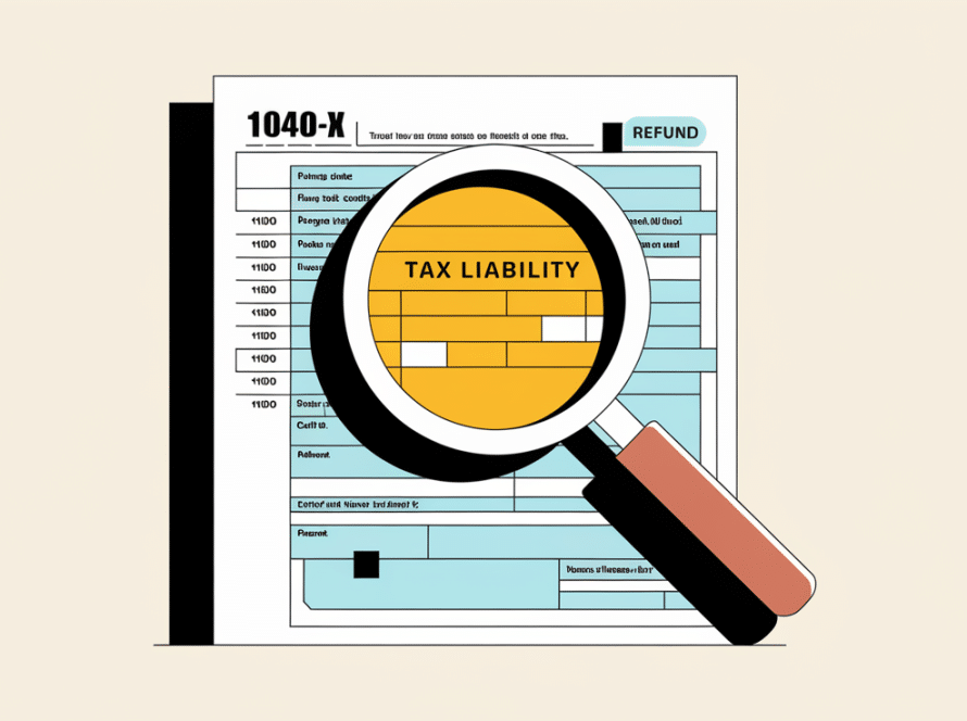 A block illustration of a magnifying glass inspecting a Form 1040-X.
