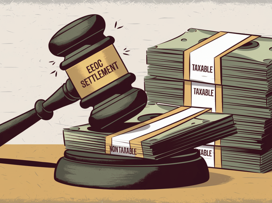 A gavel striking a stack of money, divided into "Taxable" and "Non-Taxable" sections.