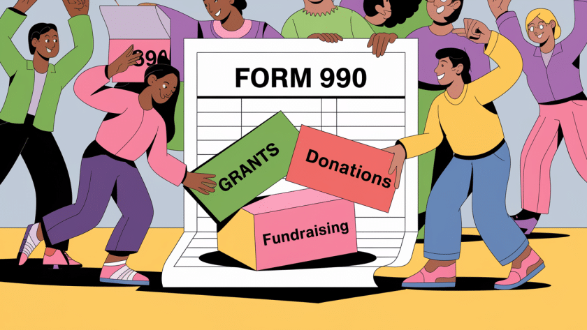 People building a "Form 990" with blocks labeled "Grants," "Donations," and "Fundraising."