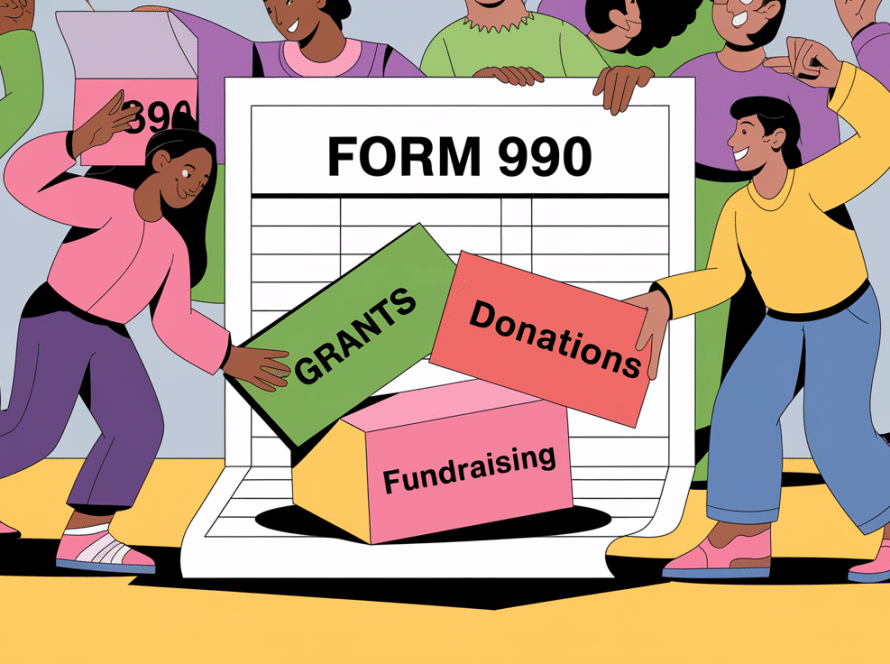 People building a "Form 990" with blocks labeled "Grants," "Donations," and "Fundraising."