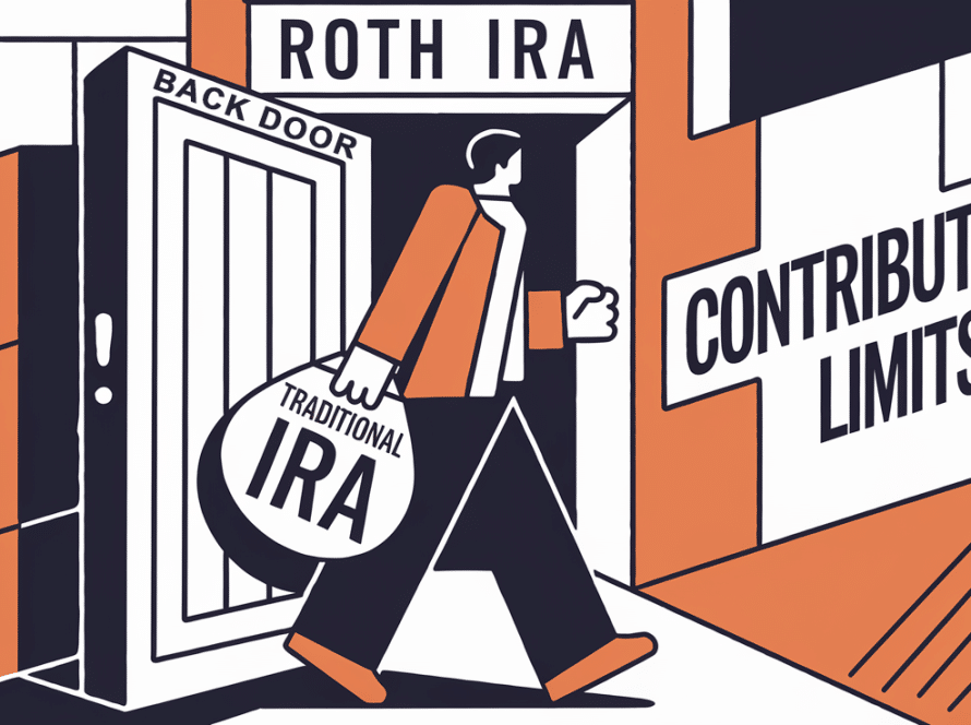 A person carrying a Traditional IRA enters a Roth IRA through a door labeled "Backdoor Roth IRA."