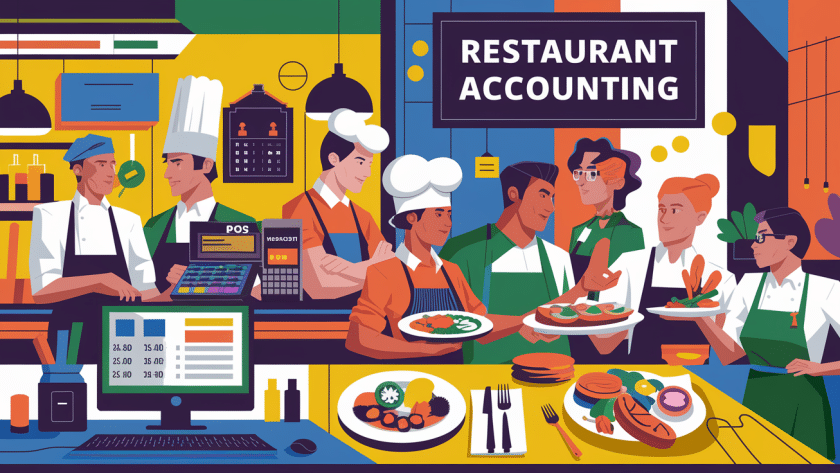 A vibrant block illustration of a busy restaurant with chefs, servers, and customers.