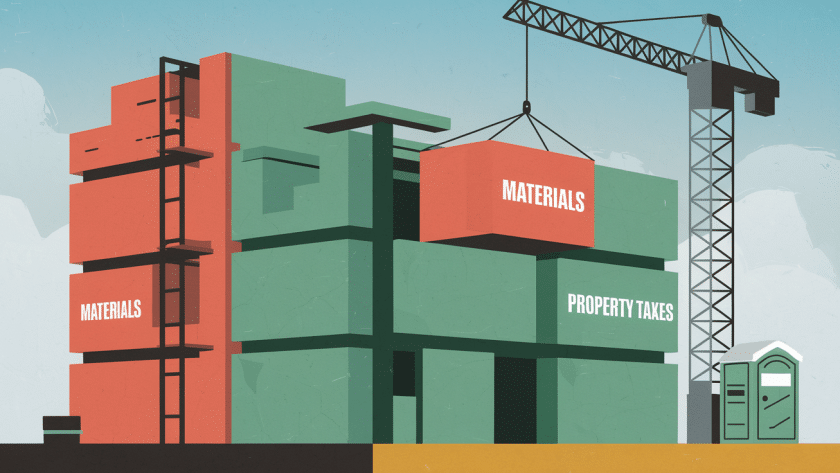 Block illustration of a building under construction with red blocks for capitalized costs and green blocks for deductible expenses.