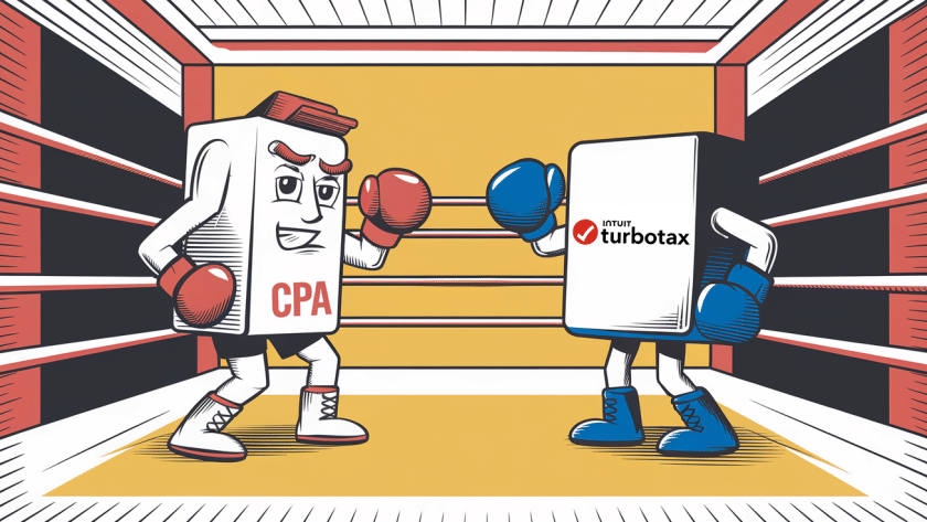 A block illustration of a boxing match between a CPA and TurboTax, representing the choice between professional and DIY tax solutions.