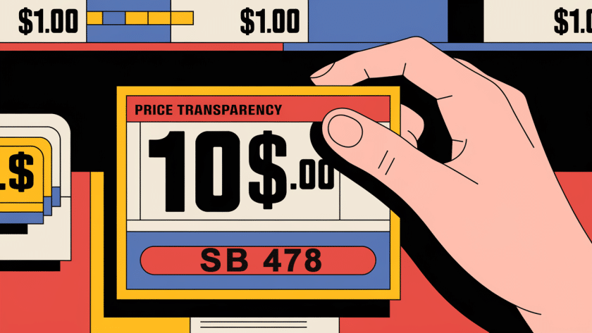 A graphic illustration of a price tag with the word "Price Transparency" inside.
