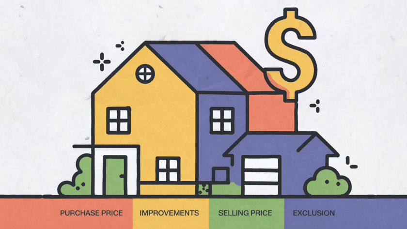 A graphic illustration of a house divided into sections, representing factors involved in calculating capital gains tax.