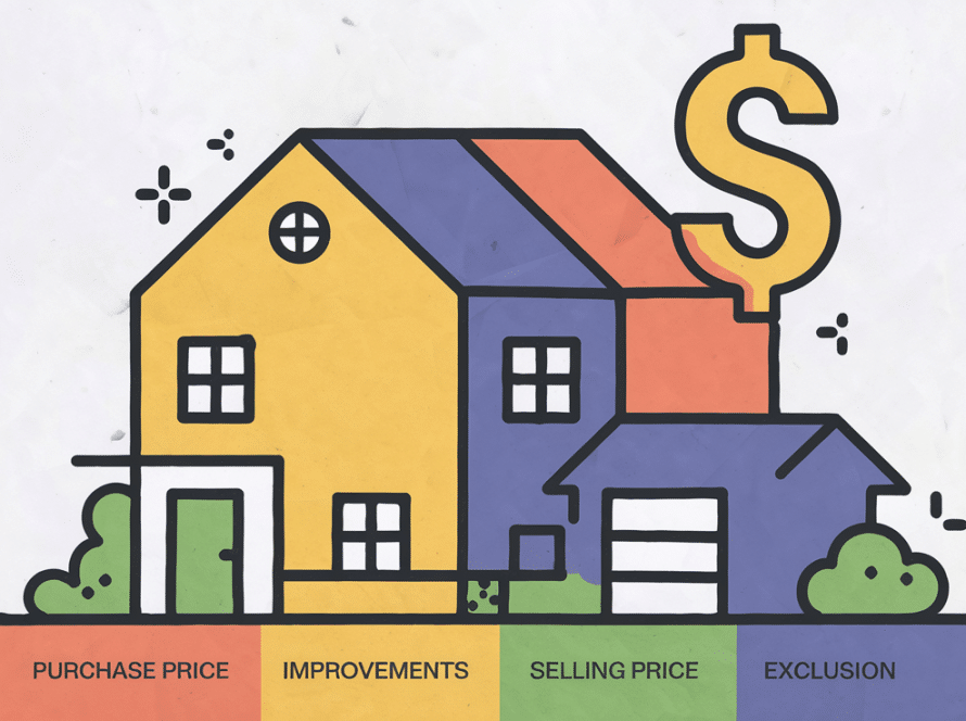 A graphic illustration of a house divided into sections, representing factors involved in calculating capital gains tax.