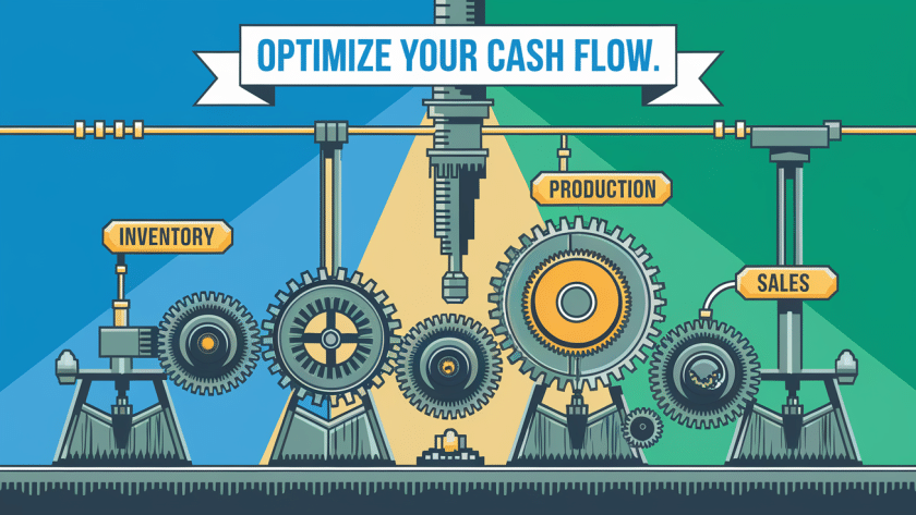 Block illustration of a manufacturing assembly line with gears representing cash flow.