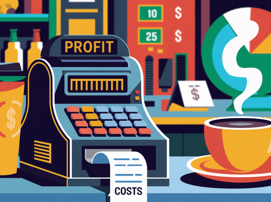 A graphic illustration of a coffee shop counter with a profit and loss chart.