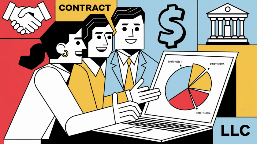 Three abstract figures collaborate on a laptop, with graphic elements representing partnership, taxes, and LLC formation.