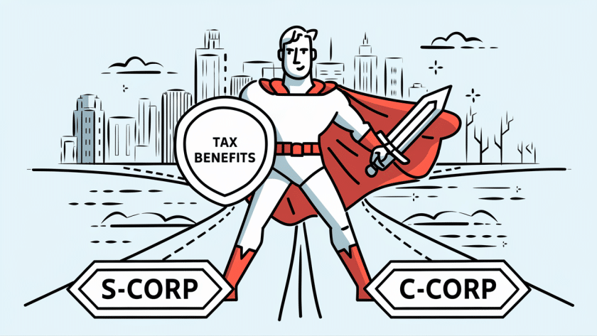 Advertising illustration of a superhero at a crossroads between S-Corp and C-Corp.