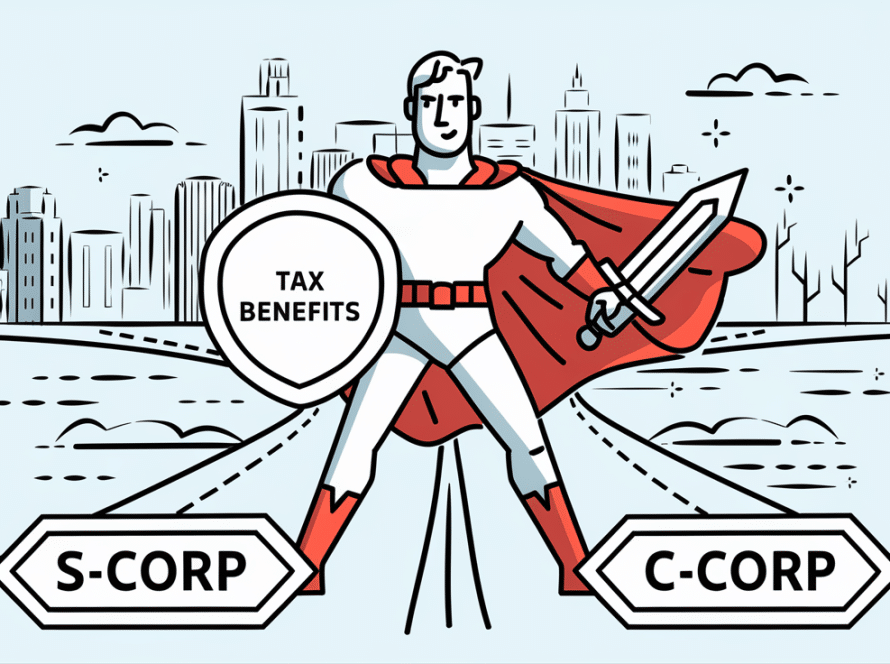 Advertising illustration of a superhero at a crossroads between S-Corp and C-Corp.
