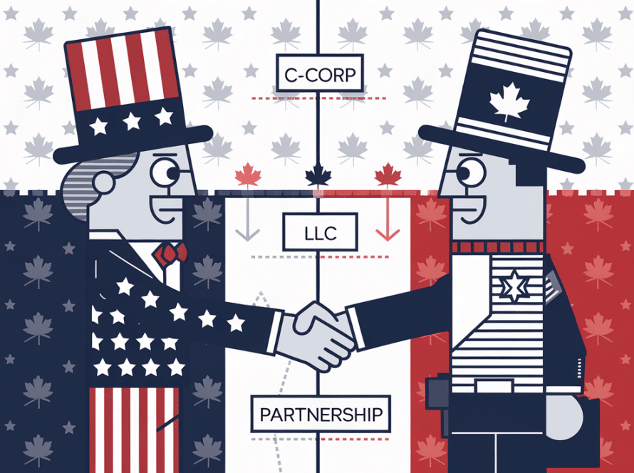 Blocky illustration of Uncle Sam and a Mountie shaking hands over a border, with business entity types as building blocks.