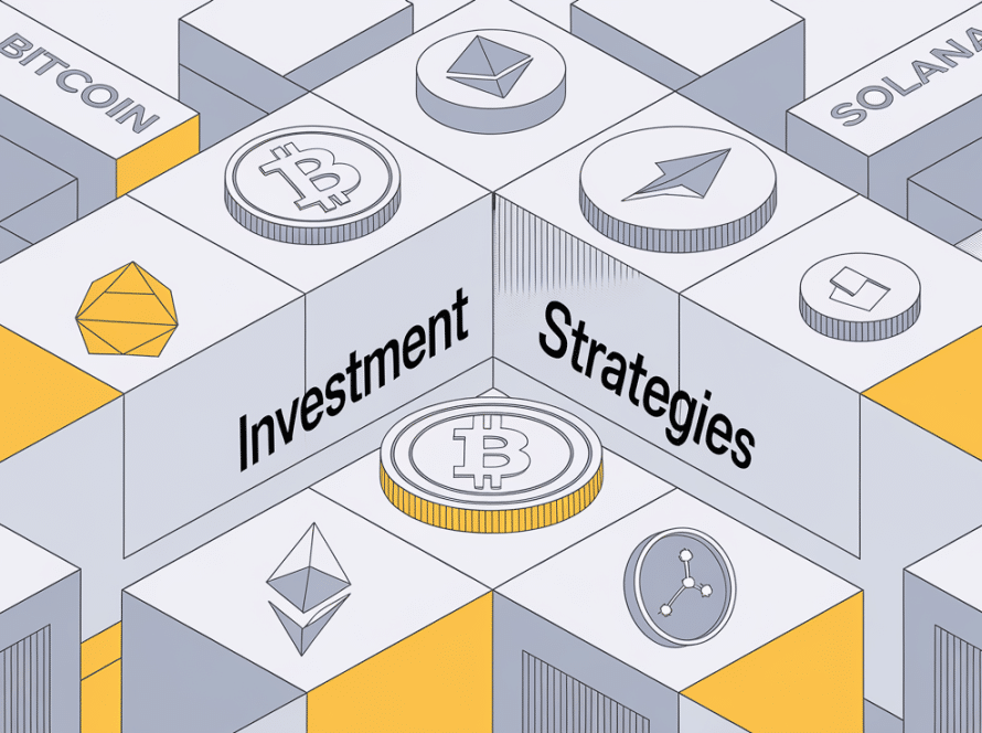 Block illustration of cryptocurrency coins as building blocks, representing investment strategies.