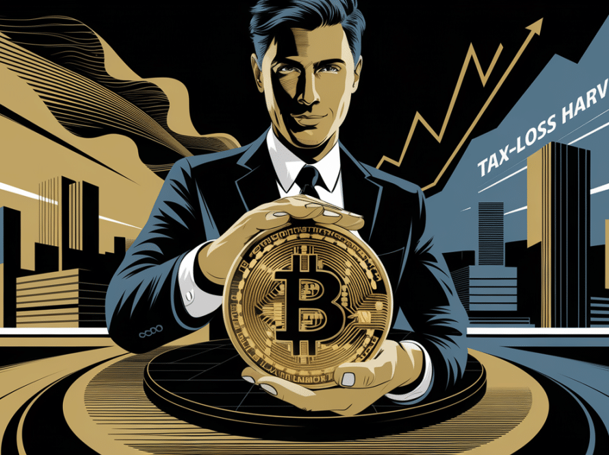 An advertising illustration of a person holding a Bitcoin with a cityscape and rising graph, subtly featuring "Tax-Loss Harvesting" on a billboard.