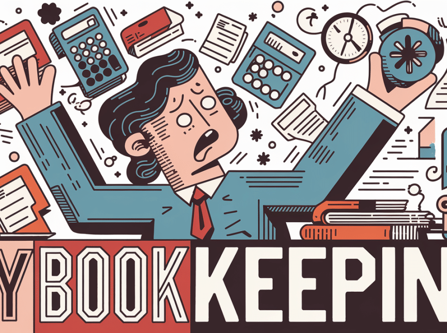 A person juggling bookkeeping tasks, feeling overwhelmed.