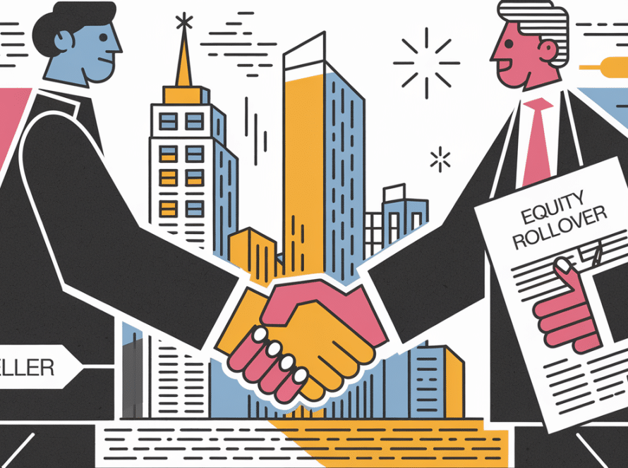Two people shaking hands, with the words "Equity Rollover" on a document.