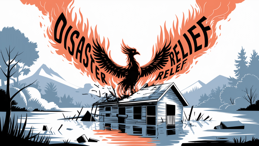 A phoenix rising from the ashes of a flood-damaged house with "Disaster Relief" in the smoke.