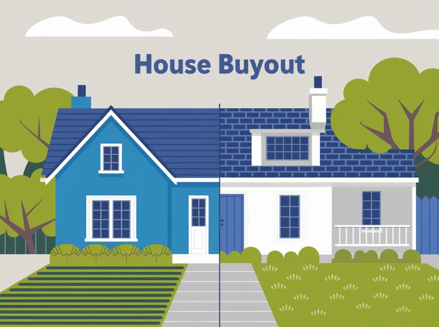 A block illustration of a house divided into two halves, representing a couple's share in a divorce settlement, with one half slightly larger to indicate the spouse who retains ownership after the buyout. The keyword "House Buyout" is subtly incorporated within the image.
