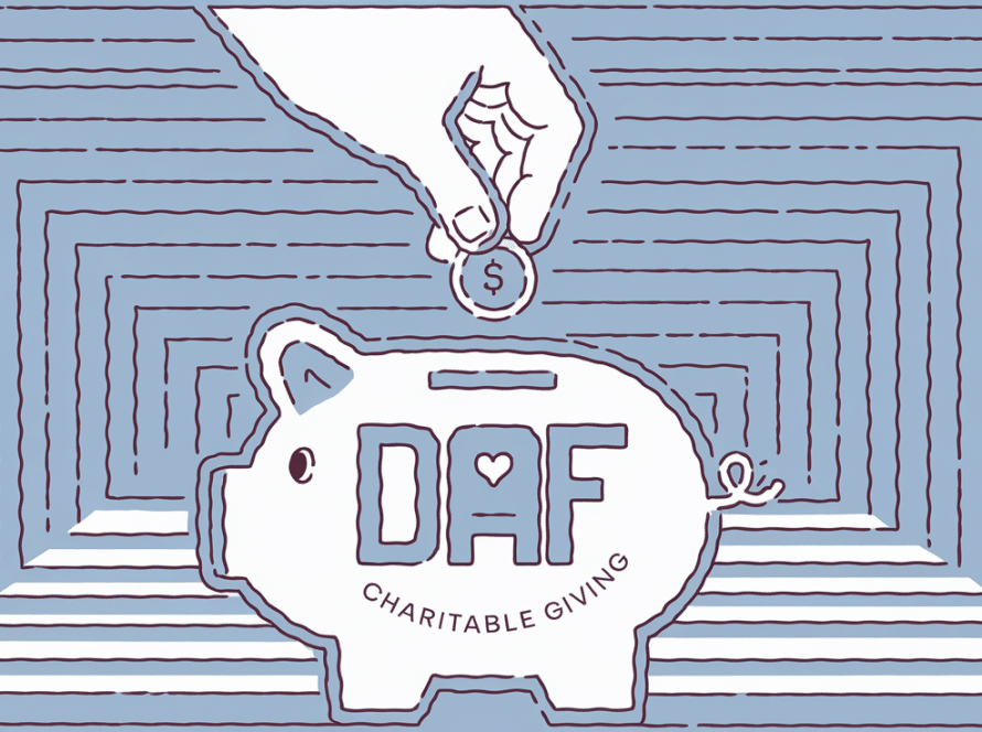 Block illustration of a hand dropping a coin into a stylized piggy bank with a heart symbol, representing a DAF and Charitable Giving.