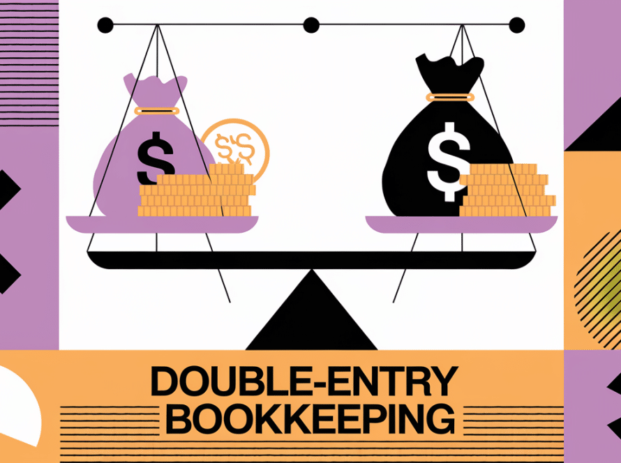 A block illustration of a balanced scale with money bags on both sides, representing the concept of double-entry bookkeeping.
