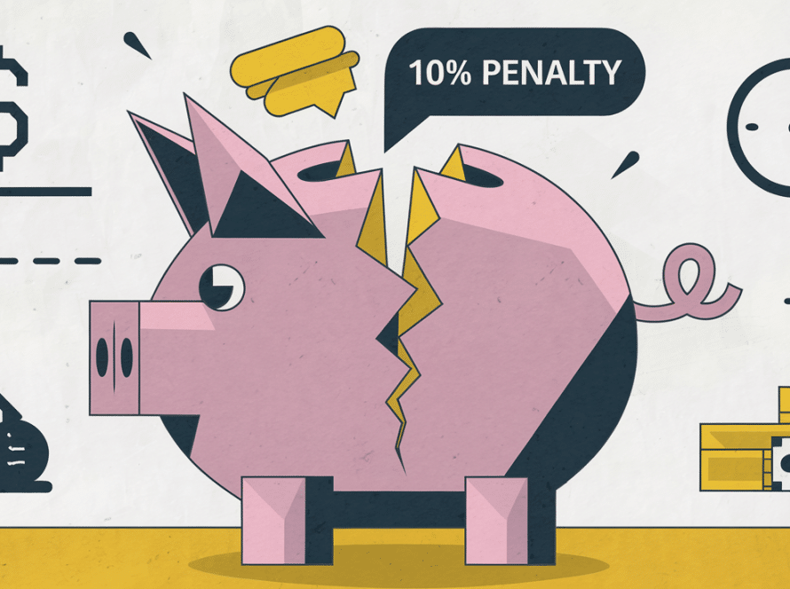"Block illustration of a cracked piggy bank with a speech bubble saying '10% Penalty,' representing the consequences of early IRA withdrawal."