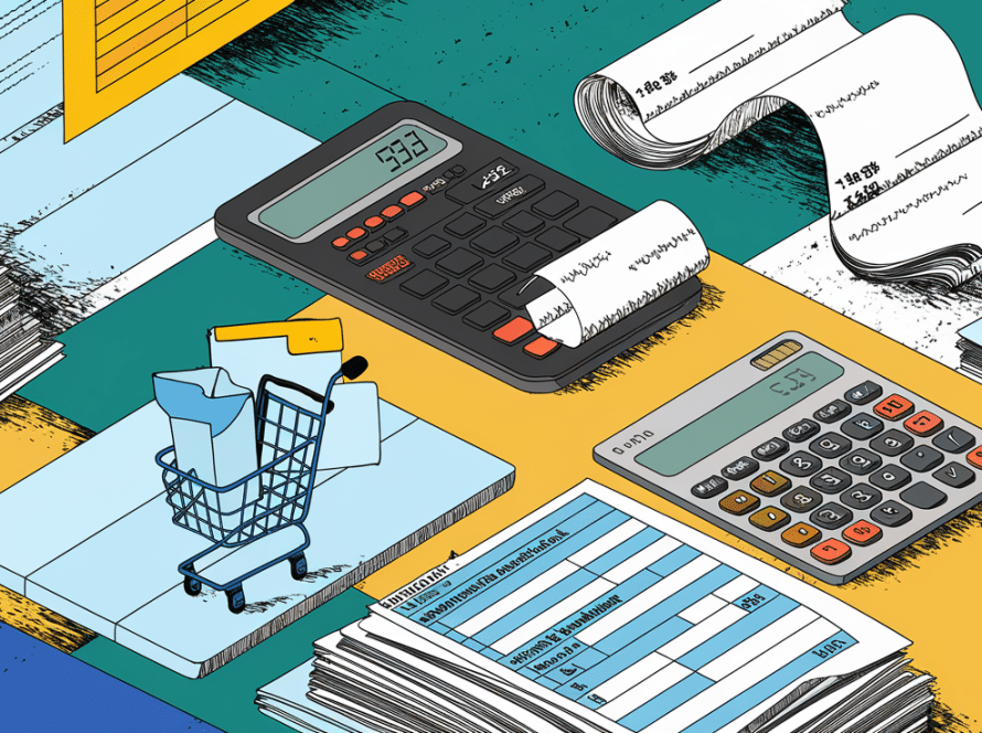 A collage illustration representing the multifaceted nature of e-commerce taxes, with layered images of online transactions, tax forms, calculators, and record-keeping tools.