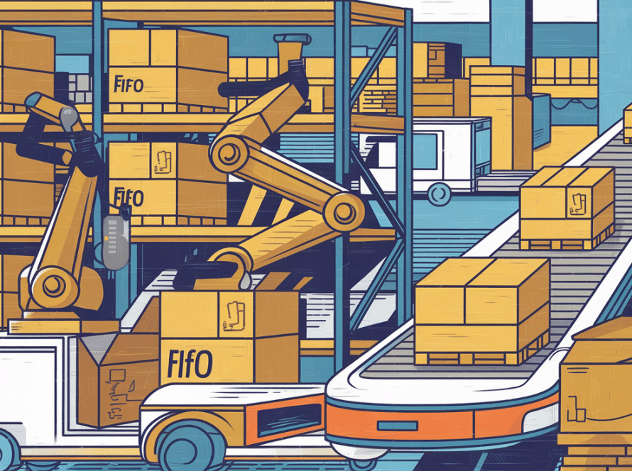 A colorful block illustration of an automated e-commerce warehouse with robots managing inventory.