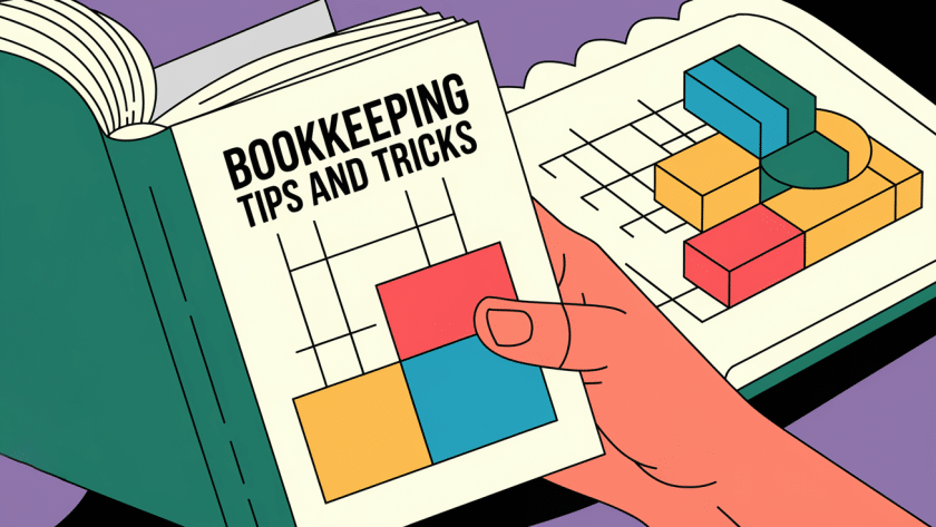 A block illustration of a hand holding a book titled "Bookkeeping Tips and Tricks" open to a page with colorful charts and diagrams, representing accessible financial information.