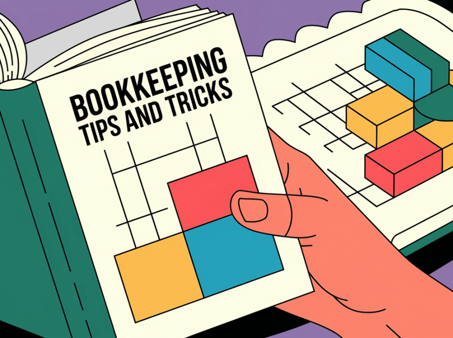 A block illustration of a hand holding a book titled "Bookkeeping Tips and Tricks" open to a page with colorful charts and diagrams, representing accessible financial information.