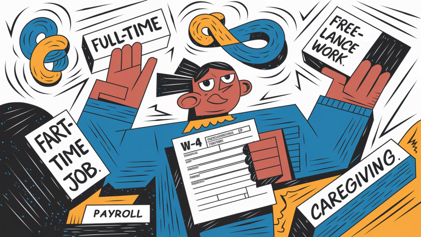 A person juggling multiple jobs and a W-4 form.