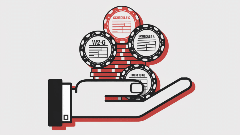 A hand holding poker chips labeled with tax forms.